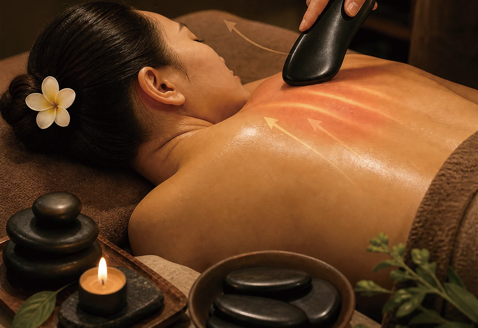 Tea-Seed Head + Warm Bian Stone SPA · Care scene · treatment reference
